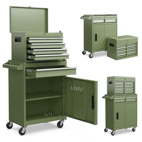 ERGOMASTER 5-Drawer Rolling Tool Cabinet with Detachable Top Toolbox, Lockable Wheels, Lock Bar, Protective Liner & Tool Rack, Metal Tool Storage Cart for Garage Workshop-Green - color: Green, size: 5-Drawers