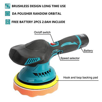 Car Polisher 6 Variable Speed Battery Powered Cordless Powerful Motor Ergonomic Handle Car Polishing Dual Action Car Buffer Polisher with Gloves Apron Set (Blue)