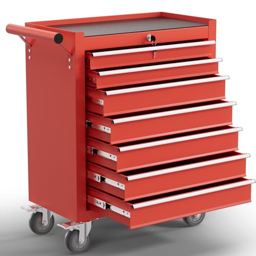 7-Drawer Tool Chest,Rolling Tool Cart with Wheels,High Capacity Tool Cabinet with Locking System for Garage, Warehouse, Workshop-Red - color: Red, size: 7 Drawer