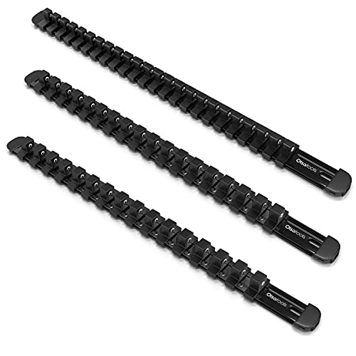 Olsa Tools Aluminum Socket Organizer, 3pc Set - Locking End Caps - 1/4-Inch Drive x 24 Clips, 3/8-Inch Drive x 18 Clips, 1/2-Inch Drive x 16 Clips - Professional Grade - Black - Part: 1181 - color: Black, size: 3pc, 1/4, 3/8, & 1/2-Inch Drive