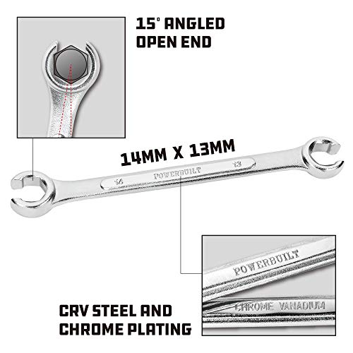 Powerbuilt 13 MM x 14 MM Metric Flare Nut Wrench, 6 Point Double Ppen Ends, For hose and brass fittings, For Brake Line Wrench, Chrome-Vanadium made - 644038 - style: 13mm x 14mm