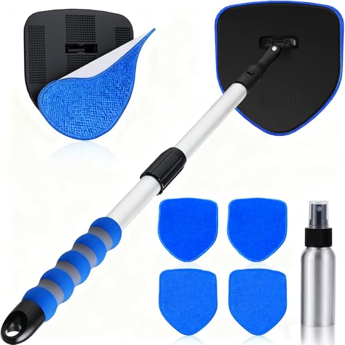 XINDELL Interior Windshield Cleaner Tool, Car Window Cleaning Kit with 5 Reusable Microfiber Pads, Extendable Handle & 360° Rotating Head, Safety Hammer, Streak-Free Auto Glass Wiper for Truck SUV RV - color: Blue