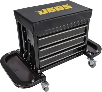 JEGS 3-Drawer Mechanics Roller Seat Tool Box | Black With JEGS Logo | Two Folding Tool Trays With Magnetic Pads | Vinyl Padded Seat Cushion | Rear Tray For Screwdrivers And Pliers | Load Limit 350 LBS
