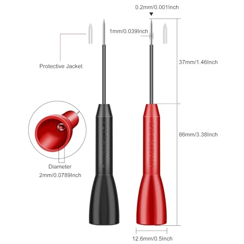 4 Pack 2mm Extended Needle Test Probes, 600V/10A Non-Destructive Insulation Wire Piercing Needle Stainless Steel Extra Thin Electrical Needle multimeter Probe for Fluke Meter Test Lead (Black-Red)