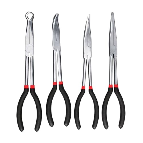4Pcs Extra Long Needle Nose Pliers Set, 11" Long Reach Straight,45/90 Degree Bent Nose Pliers, and O-shape Hose Gripper Pliers for Car Repair/House Work