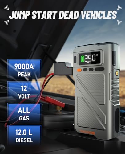 9000A Jump Starter with Air Compressor, Car Charger Portable Jump Box for Car with 150PSI Tire Inflator, Power Pack Jumpstart 12V Vehicle for All Gas/12L Diesel w/Extended Jumper Cable
