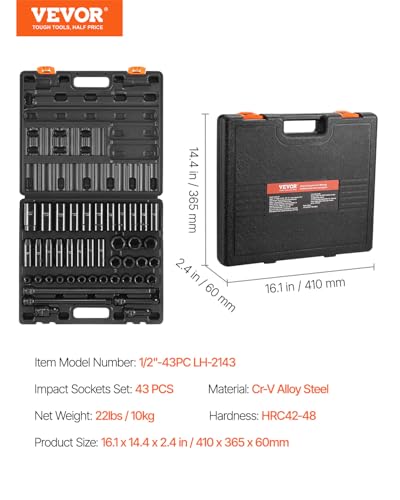 VEVOR Impact Socket Set, 1/2 Inches 43 Piece Impact Sockets, 1/2 Inches Drive Socket Set, High-torque Standard Socket Assortmen with 4 Extension Bars, 6-Point Sockets Metric 9-30mm (Standard/Deep) - style: 1/2" 43PCS