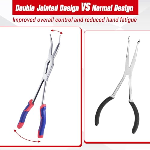 13Inch Double-Joint Bent Long Nose Pliers Long Reach 45-Degree Bent Long Nose Pliers Serrated Jaw Dual Pivot Plier Hose Grip Plier for Hard to Reach Narrow Spaces - style: Bent Nose