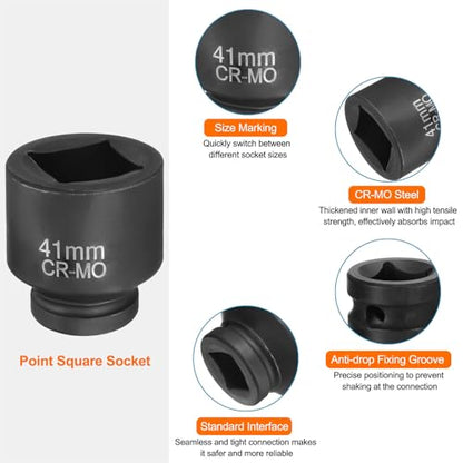 HARFINGTON 4 Point Square Socket 1" Drive 41mm Metric Square Impact Socket CR-MO Blackening Standard Wheel Sleeve Pneumatic Sleeve Tool for Auto Repair Mechanical Maintenance Home Use - size: 1"/41mm