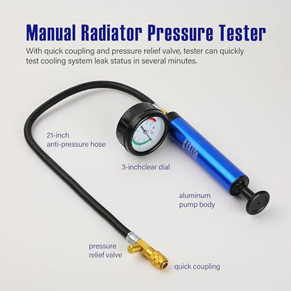 18pcs Universal Radiator Pressure Tester Kit, Coolant Vacuum Refill kit，Coolant Pressure Tester Kit with Manual Pump and Color-Coded Test Caps (Blue) - color: blue