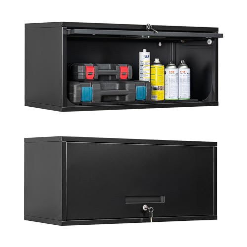 Yizosh Metal Garage Cabinet with Doors, Wall Mounted Storage Cabinet, Floating Tool Cabinet for Basement, Kitchen, Warehouse (Black, 13.7" H) - color: Black, size: 13"D x 32"W x 14"H
