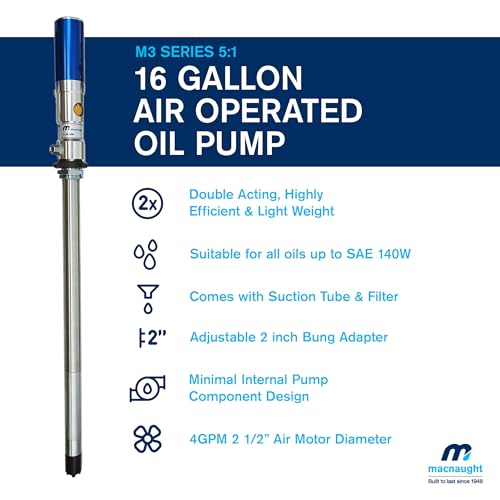 Macnaught M3 Series 5:1 Oil Transfer Pump. Air Operated Pneumatic 4GPM for 16 Gallon containers. Oils up to SAE 140W. Waste Oil, Coolant and ATF Compatible (NOT for Gasoline or Diesel)