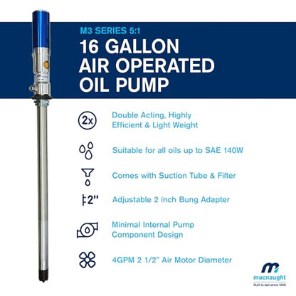 Macnaught M3 Series 5:1 Oil Transfer Pump. Air Operated Pneumatic 4GPM for 16 Gallon containers. Oils up to SAE 140W. Waste Oil, Coolant and ATF Compatible (NOT for Gasoline or Diesel)