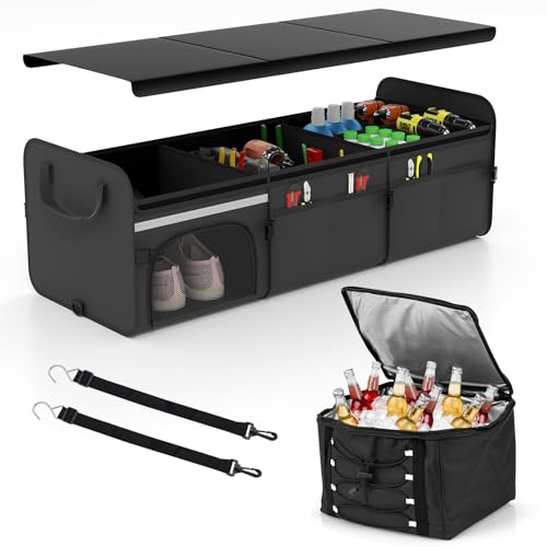 18 Gal Car Trunk Organizer with Lid, 3-Compartment Portable Storage Box with Leakproof Cooler Bag, Shoe Storage, Dividers & Adjustable Securing Straps, Collapsible Trunk Organizer for SUV, - size: 18 Gallon