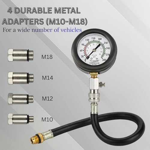 8 Piece Compression Test Kit – Professional Automotive Engine Trial Tool Set with Pressure Rubberized Portector Gauge, Angled Fittings, Flexible Hose & Multiple Adapters for Petrol, Gas Engines