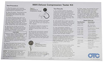 OTC 5605 Deluxe Compression Tester Kit for Gasoline Engines with Easy to Read 2-1/2" Dual Scale Gauge, Extra Long Flex Hose, Multiple Adapters, and Storage Case