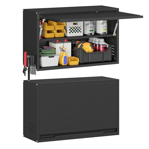 Metal Garage Wall Cabinet with Up-Flip Door, Black Float Tool Cabenit with Adjustable Shelf,Upper Storage Cabinets with Pegboard for Kitchen,Garage,Workshop,Warehouse (19.7" H,Black) - color: Black, size: 19.7"H Wall Cabinet(1-Door)