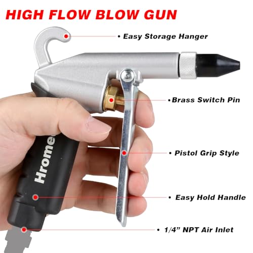 Hromee High Flow Air Blow Gun Kit with Nozzles Tips and Extensions, 13 Pieces Air Compressor Accessory Tools with Couplers and Plugs