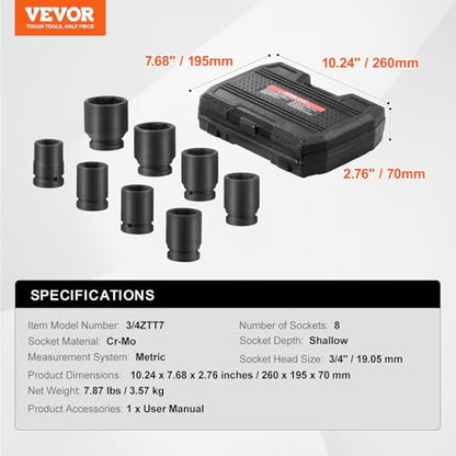 VEVOR Axle Nut Impact Socket Set - 3/4" Drive 6-Point 8-Piece Metric Spindle Nut Socket CR-MO Heat Treated Large Socket Set with Storage Case for Auto Repair, Removing or Installing Axle Nuts - style: 3/4" 8PCS Metric CR-MO