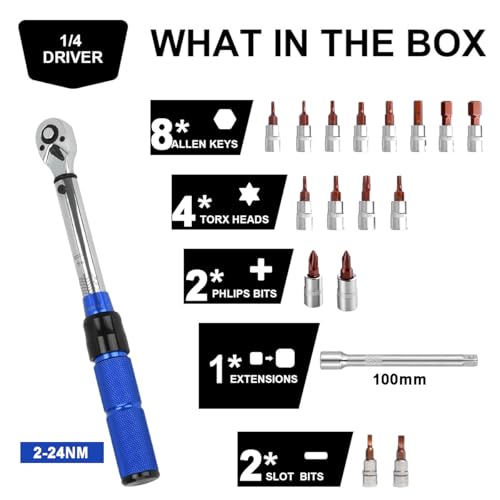 Bike Torque Wrench Set, 1/4 Inch Drive Torque Wrench 2 to 24 Nm | Bicycle Torque Wrench for MTB Mountain Road Bikes with Allen Key, Torx Sockets, Extension Bar