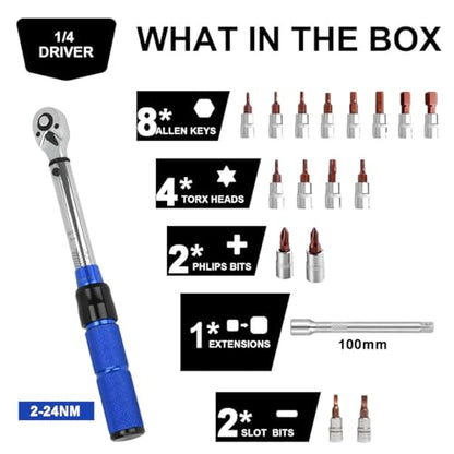 Bike Torque Wrench Set, 1/4 Inch Drive Torque Wrench 2 to 24 Nm | Bicycle Torque Wrench for MTB Mountain Road Bikes with Allen Key, Torx Sockets, Extension Bar