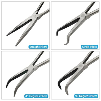 4 Pack 11" Long Nose Pliers Set with Portable Bag, Insulated Grip - Straight Needle Nose, 45/90 Degree Angle Curved & Circle Tools for Wire Bending, Shaping, Trimming - size: 4pcs With Bag