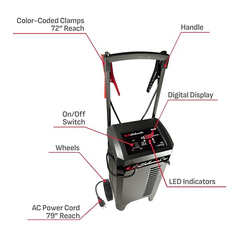 Schumacher Electric Wheeled Automatic 6A Car Battery Charger and 300A Engine Starter, 4-in-1 Solution, Maintainer, 60A Boost, for 6V/12V Power Sport, Automotive, and Marine Batteries, SC1400 - style: Wheel Battery Charger