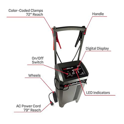 Schumacher Electric Wheeled Automatic 6A Car Battery Charger and 300A Engine Starter, 4-in-1 Solution, Maintainer, 60A Boost, for 6V/12V Power Sport, Automotive, and Marine Batteries, SC1400 - style: Wheel Battery Charger
