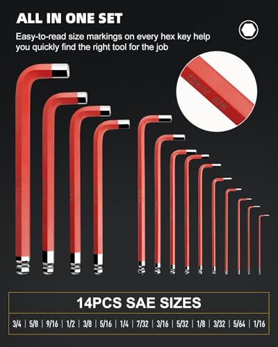 ROTATION 14PC Jumbo Hex Key Set - SAE 1/16-3/4 Long Ball End high-strength chrome vanadium Steel | Automotive Mechanic Furniture | Pro-Grade Allen Wrench Tools - style: SAE 1/16-3/4
