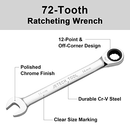 Jetech 14mm Ratchet Wrench, Ratcheting Combination Wrench Metric, Industrial Grade Gear Spanner with 12-Point Design, 72-Tooth Ratchet, Chrome Vanadium Steel for Auto & DIY Repair - size: 14mm