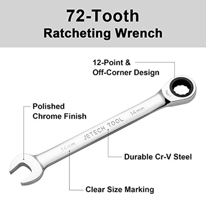 Jetech 14mm Ratchet Wrench, Ratcheting Combination Wrench Metric, Industrial Grade Gear Spanner with 12-Point Design, 72-Tooth Ratchet, Chrome Vanadium Steel for Auto & DIY Repair - size: 14mm