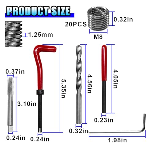 25PCS M8×1.25 Thread Repair Kit, Metric Helicoil Insert Set with HSS Drill Bit Tap and Break-Off Tool, Stainless Steel Rethreading Kit Compatible Hand Tool Set for Damaged Threads Auto Repair (M8) - size: M8