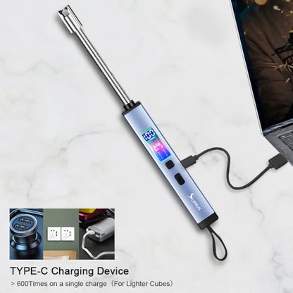 SUPRUS Electric Candle Lighter USB-C Rechargeable with Digital Battery Display Ambient Lighting Safety Switch 360° Flexible Neck Flameless Plasma Windproof Perfect for Candle BBQ Camping (Blue) - color: Blue