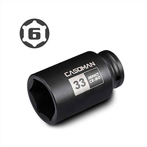 CASOMAN 1/2" Drive x 33 mm Deep 6 PT Impact Socket, CR-MO, 1/2-inch Drive 6 Point Axle Nut Socket for Easy Removal of Axle Shaft Nuts (33MM) - size: 33 mm (Deep), style: 6-Point Socket
