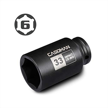 CASOMAN 1/2" Drive x 33 mm Deep 6 PT Impact Socket, CR-MO, 1/2-inch Drive 6 Point Axle Nut Socket for Easy Removal of Axle Shaft Nuts (33MM) - size: 33 mm (Deep), style: 6-Point Socket