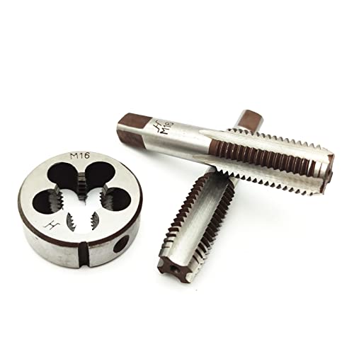 AtticZone M16 x 2.0 Metric Hand Thread Tap and Die Set, Right Hand 16 * 2.0, Alloy Tool Steel, 1 Taper Tap, 1 Plug Tap, 1 Round Die for Metal Working DIY Industrial - size: M16x2.0