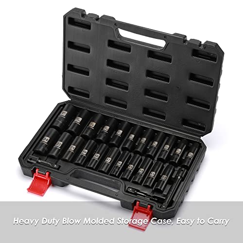MIXPOWER 25 Pieces 1/2-Inch Drive Deep Impact Socket Set, CR-V, Metric/SAE, Includes 12mm to 24mm, 3/8-Inch to 1-Inch, 3", 5" Extension bars, 1/2"-1/4" Adapter - size: 25 PCS(10MM-24MM,3/8"-1")