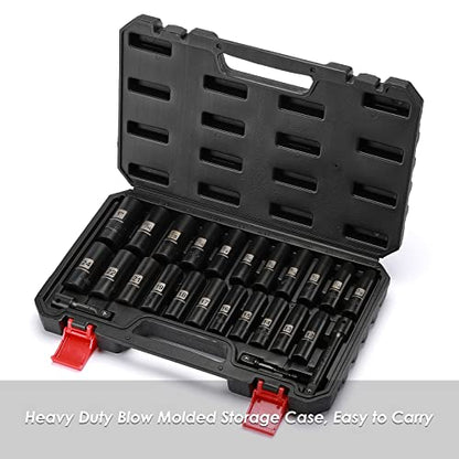 MIXPOWER 25 Pieces 1/2-Inch Drive Deep Impact Socket Set, CR-V, Metric/SAE, Includes 12mm to 24mm, 3/8-Inch to 1-Inch, 3", 5" Extension bars, 1/2"-1/4" Adapter - size: 25 PCS(10MM-24MM,3/8"-1")