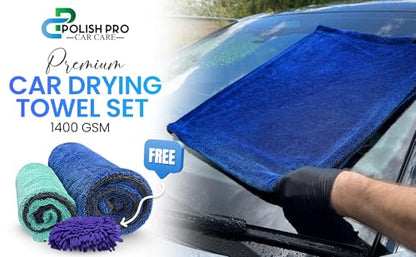 Polish Pro Microfiber Car Drying Towel, Set of 3pcs: X-Large 35"x 24" + Small 16"x16" + Free Wash Mitt, Ultra Absorbent, Microfiber Drying Towel for Cars. 1400GSM.