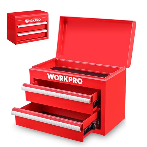 WORKPRO Metal Mini Tool Box with 2 Drawers and Top Storage | Cold Rolled Steel Toolbox, Ball Bearing Slides, PVC Drawer Liners, PP Feet Pads, Durable Storage - color: Red