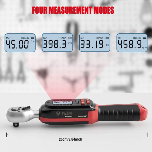 VANPO 3/8 Inch Digital Torque Wrench with Preset Values, 2.2-44.3 Ft-lbs/3-60Nm, Buzzer and LED Notification, Small Electronic Torque Wrench for Motorcycles | 3-60Nm, Small Electronic Torque Wrench with Preset Value, Buzzer and LED Notification or Motorcy