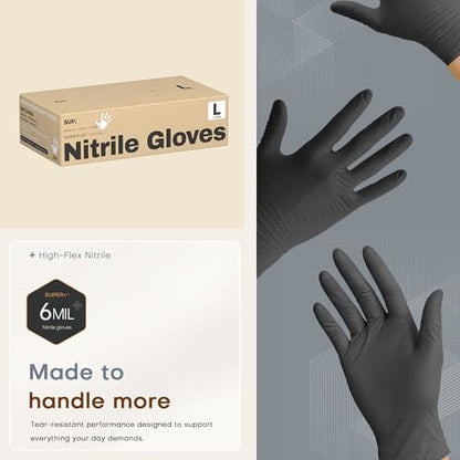 SUPER+ Black Nitrile Gloves HEAVY DUTY 6 Mil Disposable Chemical Resistant Powder & Latex Free Medical Food Safe, 60/600 Ct - color: Large (Iron Grey)