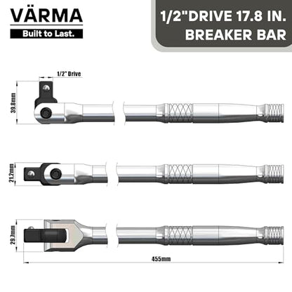 1/2-Inch Drive Breaker Bar, 18-Inch – Heavy Duty CR-MO Head & 18mm Thick Shaft – Dual-Knurled Non-Slip Grip, Constant Tension Flex Head, Premium Mirror Chrome Finish - size: 1/2" Drive x 17.8"