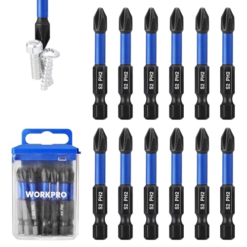 WORKPRO 12pcs PH2 Impact Phillips Screwdriver Bit Set, CNC Machined S2 Steel Tips with Magnetism, 1/4" Hex-Shank Driver Bits, 2" Long Impact Screwdriving Bits with Storage Box - size: 2 in