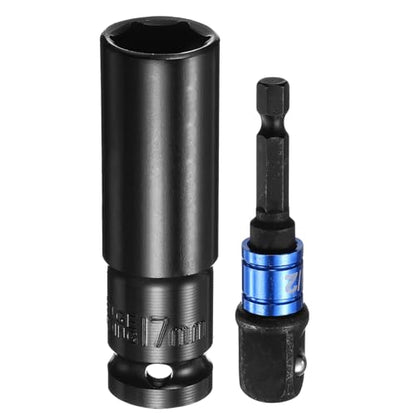 HARFINGTON Deep 6-Point Impact Socket 1/2" Drive 17mm Metric Socket 3" Length with 1/4" Hex Shank Adapter, CR-V Steel Socket Adapter Accessory Tool Set Kit for Hex Bolts Nuts - size: 17mm