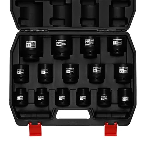 CASOMAN 15-Piece 3/4" Drive Shallow Spindle Axle Nut Impact Socket Set, 6-Point, Standard Large Socket Set, Metric (17mm -55mm), CR-MO Steel, with Storage Case