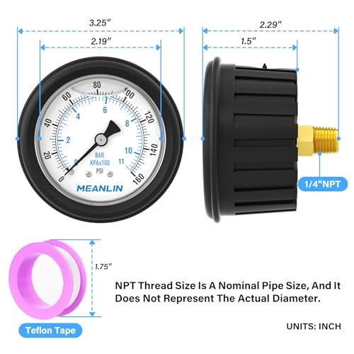 MEANLIN MEASURE 0~160Psi Stainless Steel Liquid Filled Pressure Gauge 1/4" NPT 2.5" FACE DIAL with Rubber Protective Sleeve, Center Back Mount - size: 0-160Psi