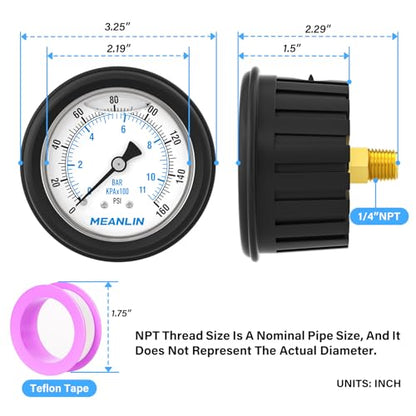 MEANLIN MEASURE 0~160Psi Stainless Steel Liquid Filled Pressure Gauge 1/4" NPT 2.5" FACE DIAL with Rubber Protective Sleeve, Center Back Mount - size: 0-160Psi