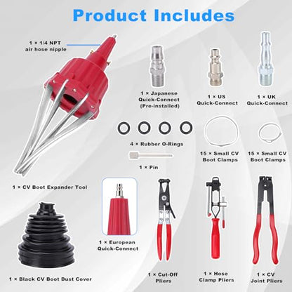 Pneumatic CV Joint Boot Expander Tool Kit,Expander Rod Spreader Installation Removal Tool with 15 Sets Clamps and 4 Air Hose Fittings for Rubber Boots Installation and Removal (Red) - color: Red