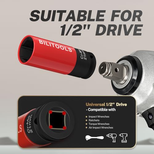 BILITOOLS 5pcs 1/2’’ Drive Impact Lug Nut Socket Set, 15/17/19/21/22mm | Non-Marring Socket Set, CR-MO Steel, 6-Point Flank Drive, Color-Coded Sleeves, Scratch-Proof, fits Impact Wrenches - size: 15 17 19 21 22 mm